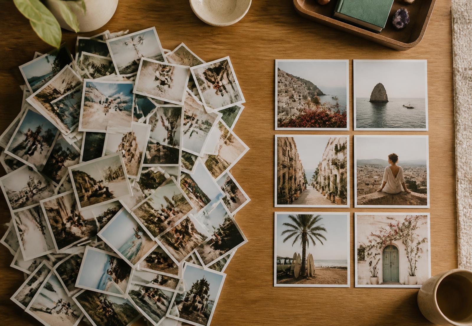 A messy pile of vacation prints on the left, a neat curated grid of the best photos on the right